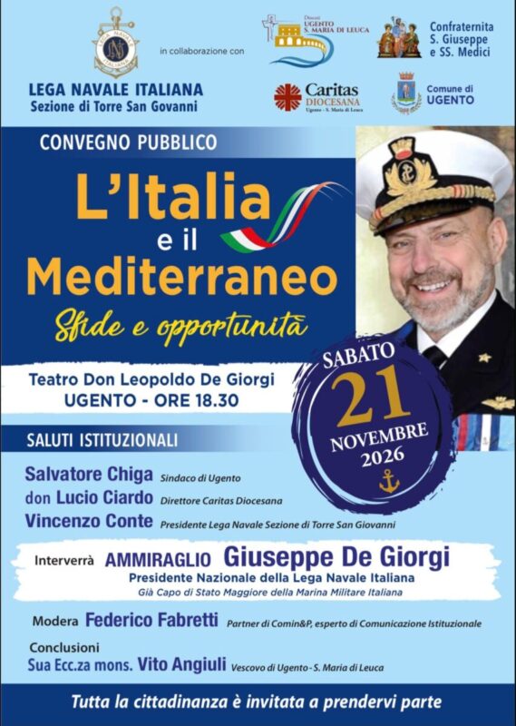 Ugento guarda al Mediterraneo: il 21 novembre un incontro sulle sfide strategiche dell’Italia